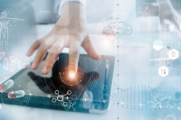 Hand on tablet surrounded by futuristic images